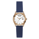 GUESS GW0356L1 ROSE GOLD TONE CASE WHITE DIAL BLUE LEATHER STRAP WOMEN'S WATCH