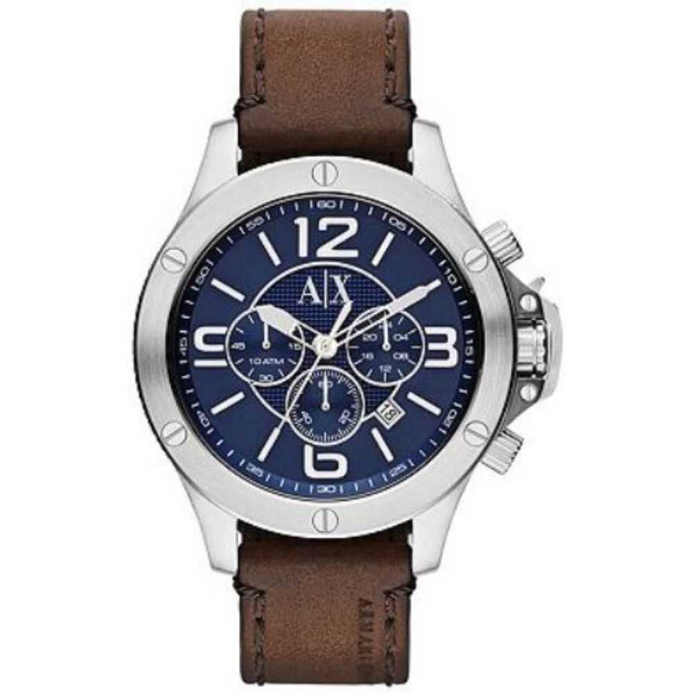 ARMANI EXCHANGE CHRONOGRAPH SILVER STAINLESS STEEL AX1505 BROWN LEATHER STRAP MEN'S WATCH - H2 Hub Watches