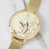 SARA MILLER BAMBOO GARDEN LADIES PALE GOLD STAINLESS STEEL MESH STRAP AVERY FOREST BIRD PALE GOLD DIAL WATCH SA4072