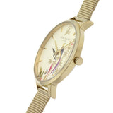SARA MILLER BAMBOO GARDEN LADIES PALE GOLD STAINLESS STEEL MESH STRAP AVERY FOREST BIRD PALE GOLD DIAL WATCH SA4072
