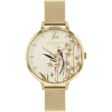 SARA MILLER BAMBOO GARDEN LADIES PALE GOLD STAINLESS STEEL MESH STRAP AVERY FOREST BIRD PALE GOLD DIAL WATCH SA4072