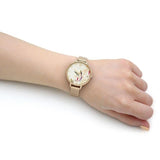 SARA MILLER BAMBOO GARDEN LADIES PALE GOLD STAINLESS STEEL MESH STRAP AVERY FOREST BIRD PALE GOLD DIAL WATCH SA4072