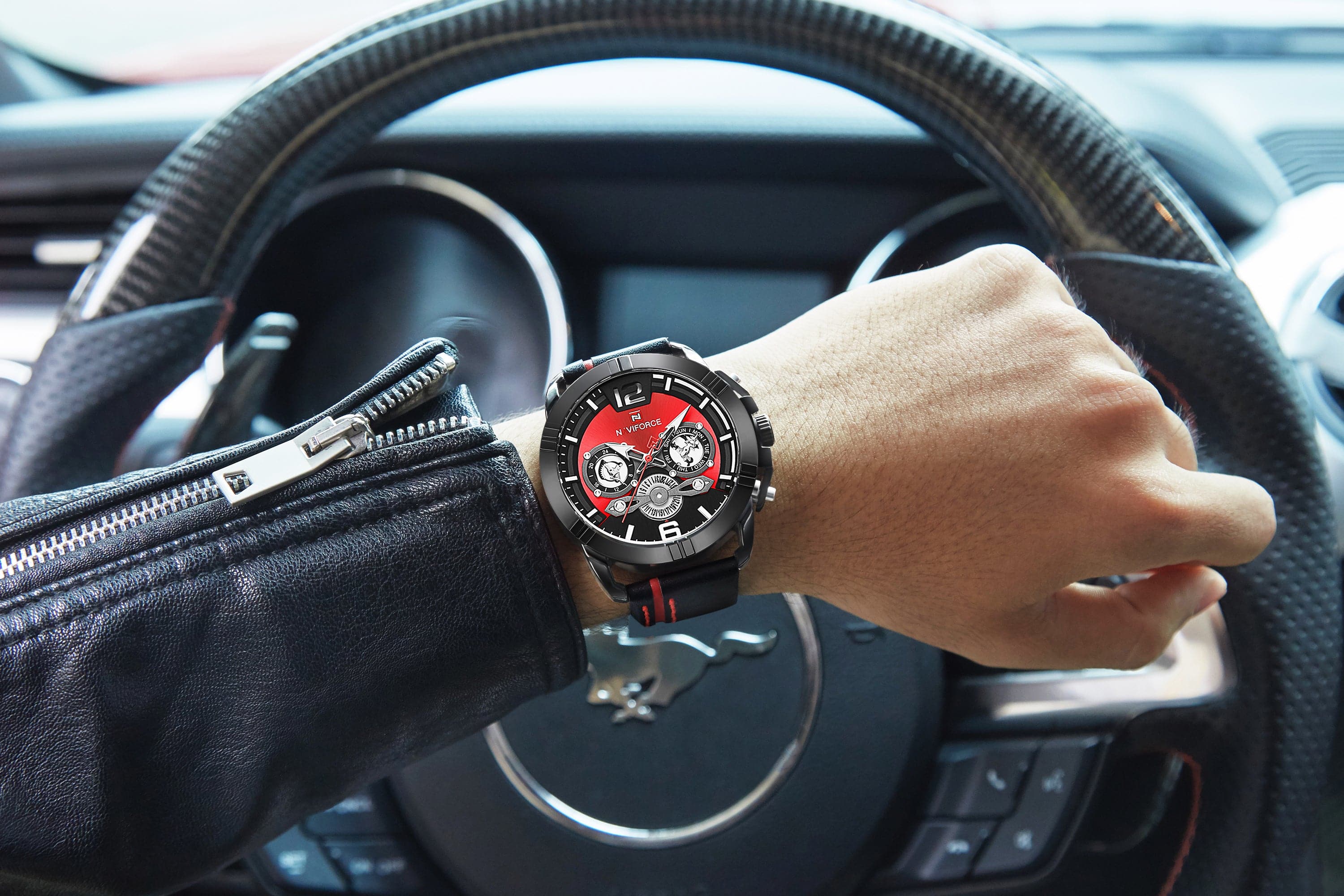 NAVIFORCE ANALOG NF9168 B/R/B STAINLESS STEEL CHRONOGRAPH QUARTZ MEN'S WATCH - H2 Hub Watches